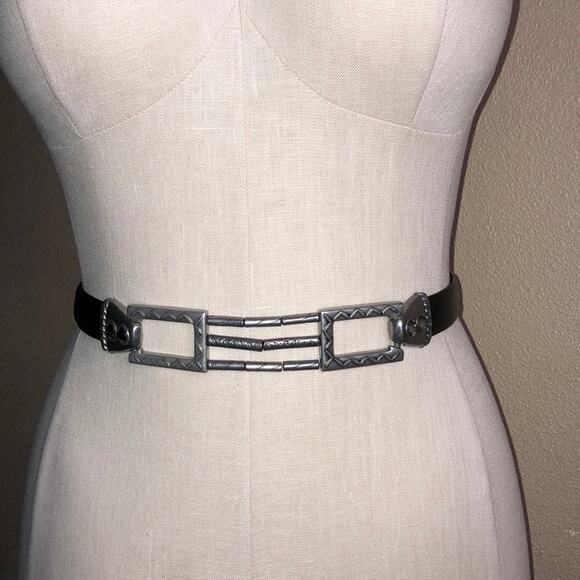 Chico's Up Town Edgy Artsy Metal Rhinestone Black Leather Belt Adjustable - Picture 1 of 11